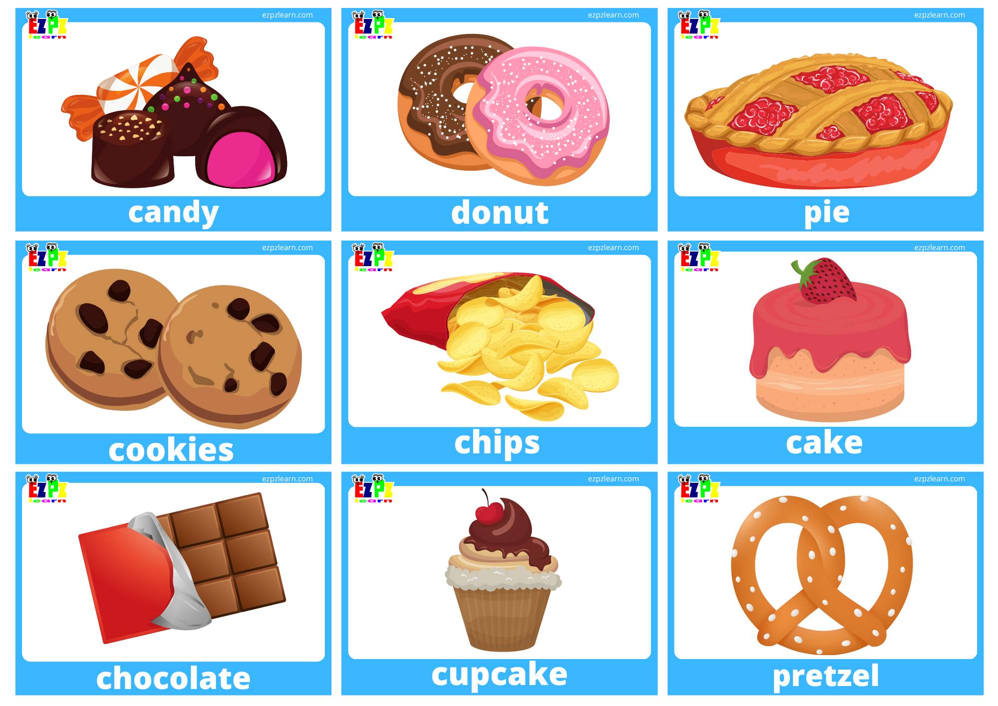 Snacks & Desserts Flashcards With Words use online or free PDF download